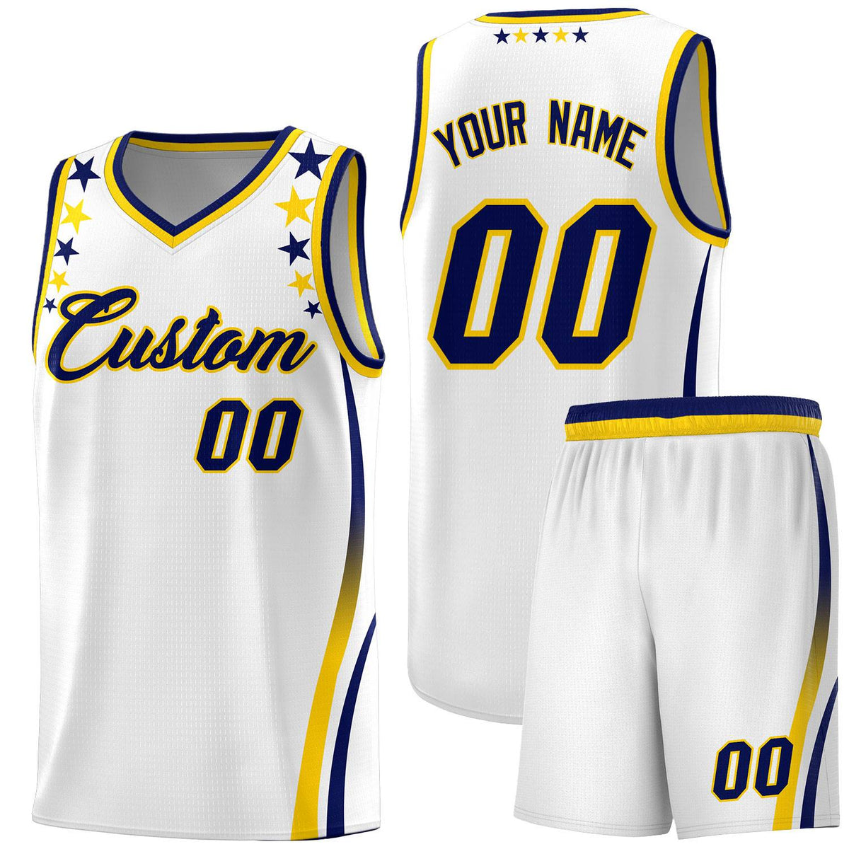 Custom White Shoulders Star Pattern Side Color Block Sports Uniform Basketball Kits