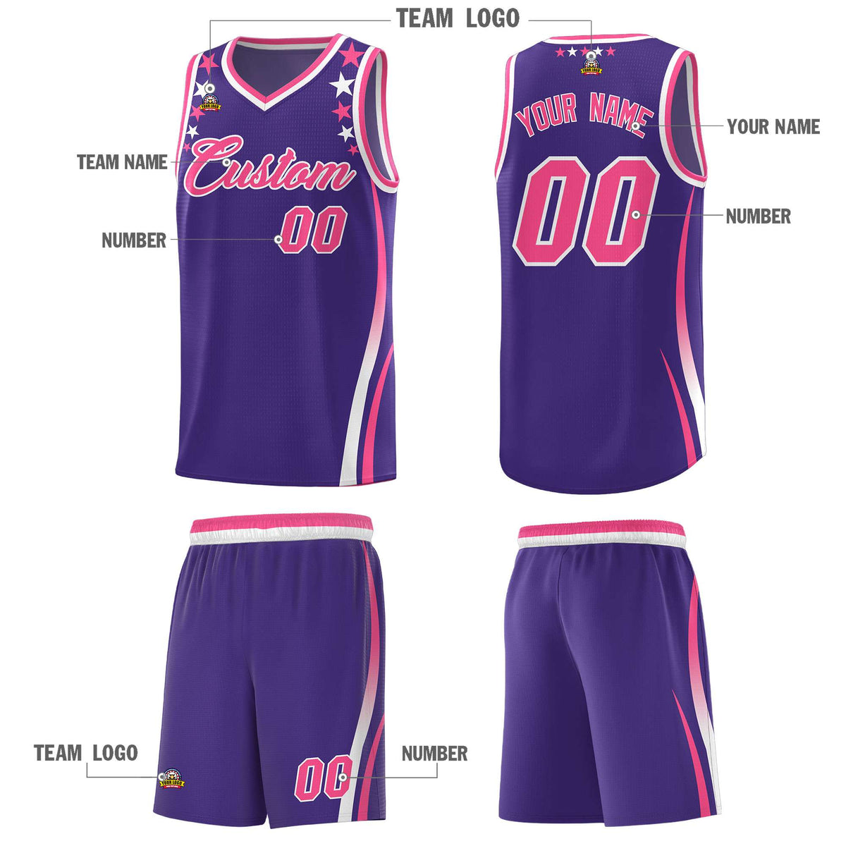 Custom Purple Shoulders Star Pattern Side Color Block Sports Uniform Basketball Kits