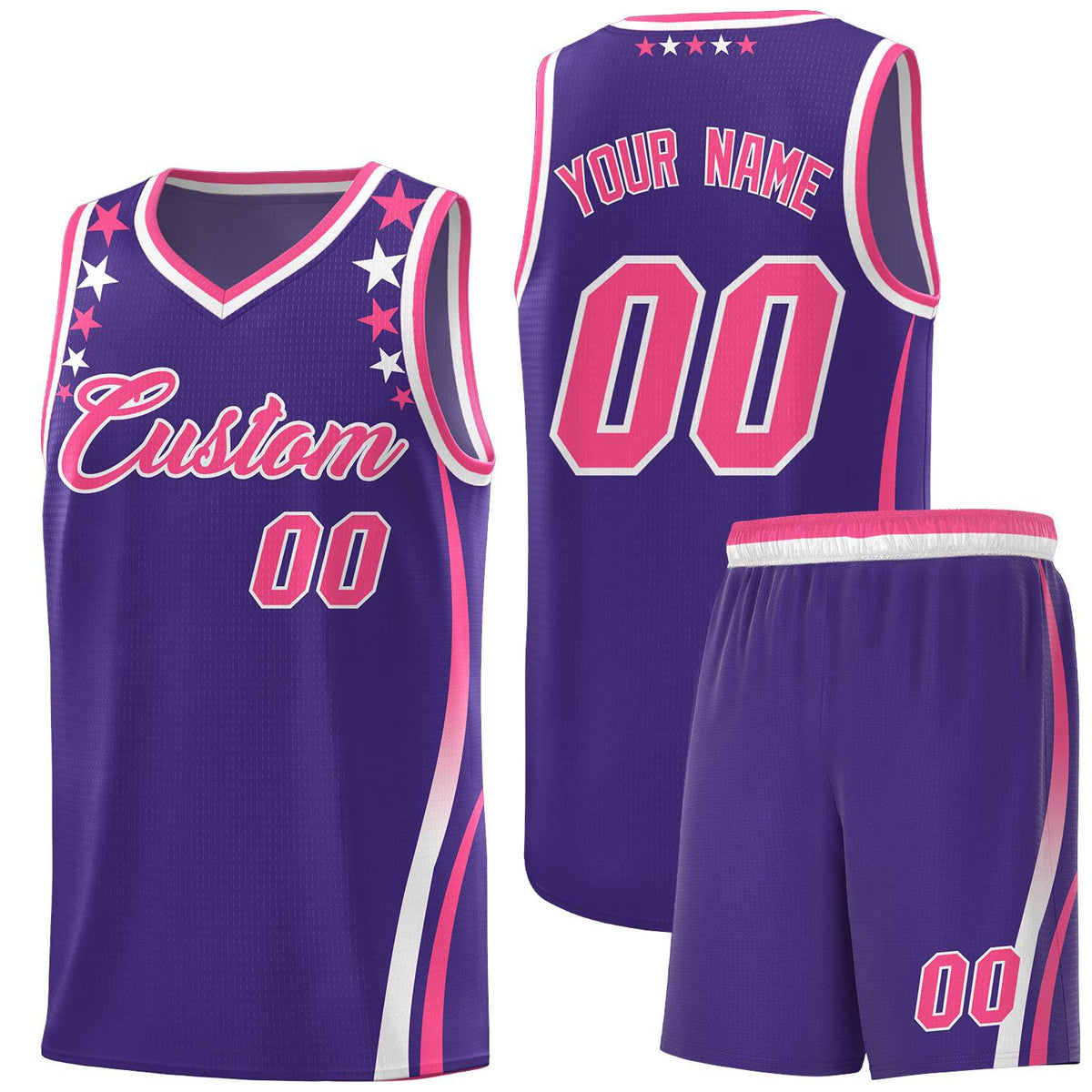 Custom Purple Shoulders Star Pattern Side Color Block Sports Uniform Basketball Kits