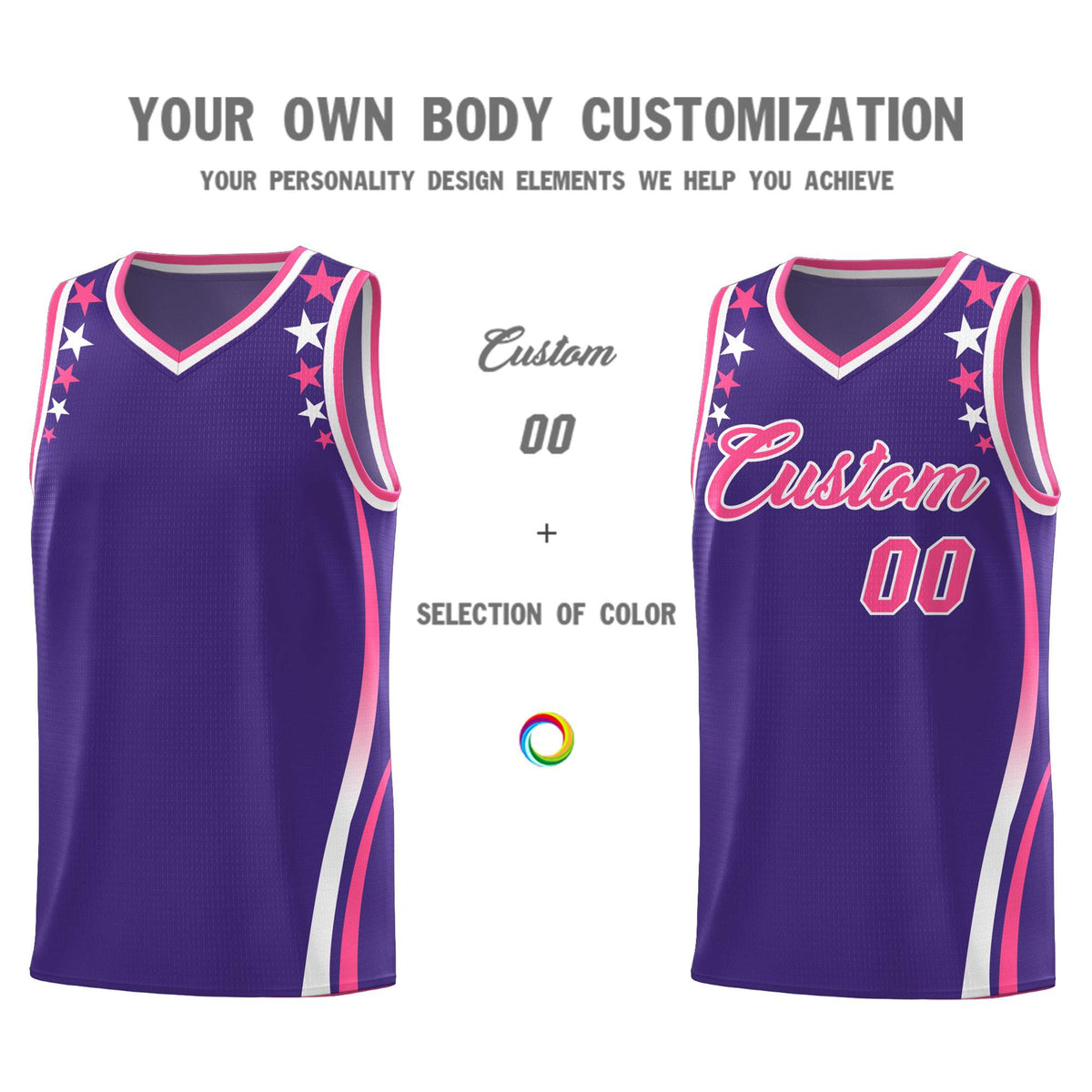 Custom Purple Shoulders Star Pattern Side Color Block Sports Uniform Basketball Kits