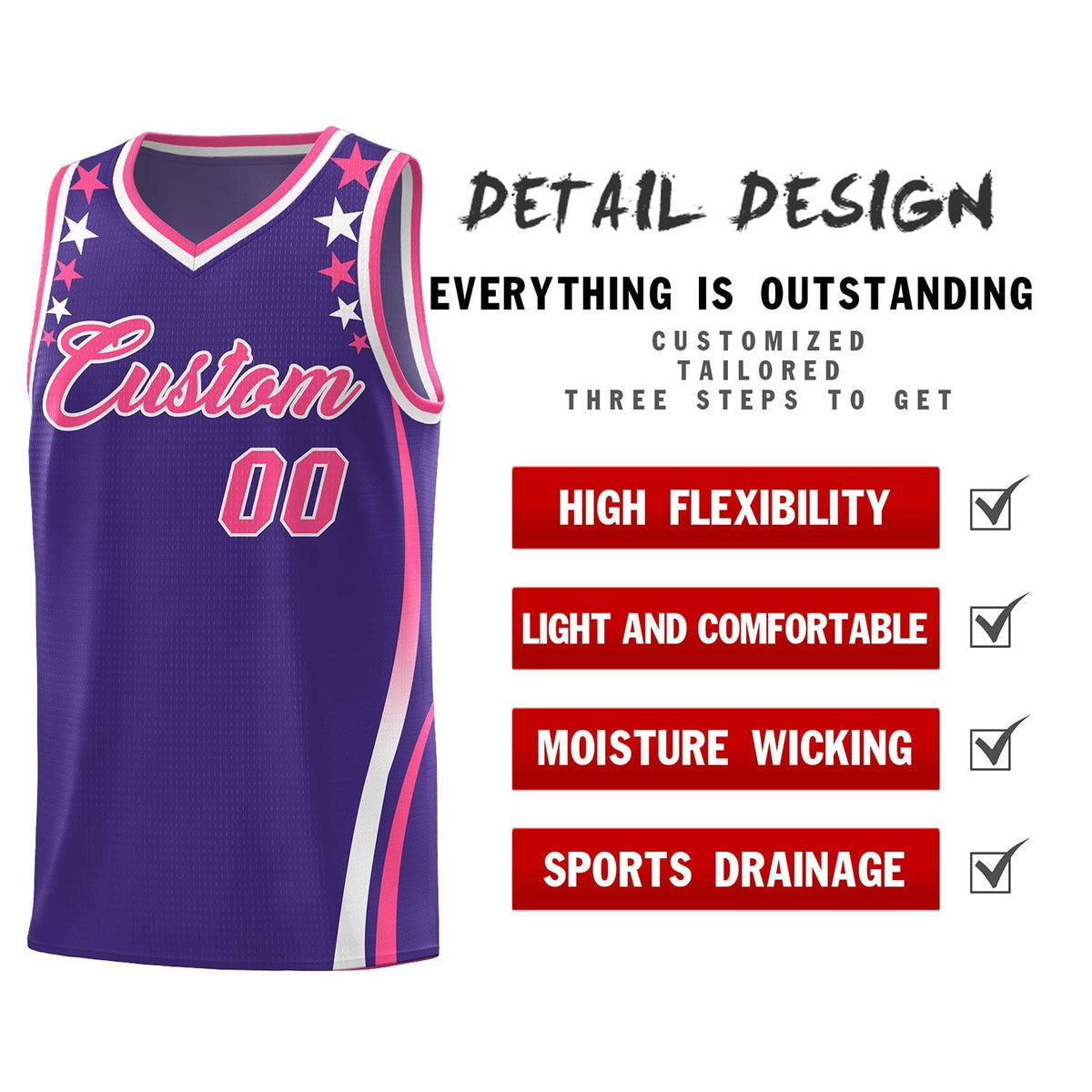 Custom Purple Shoulders Star Pattern Side Color Block Sports Uniform Basketball Kits