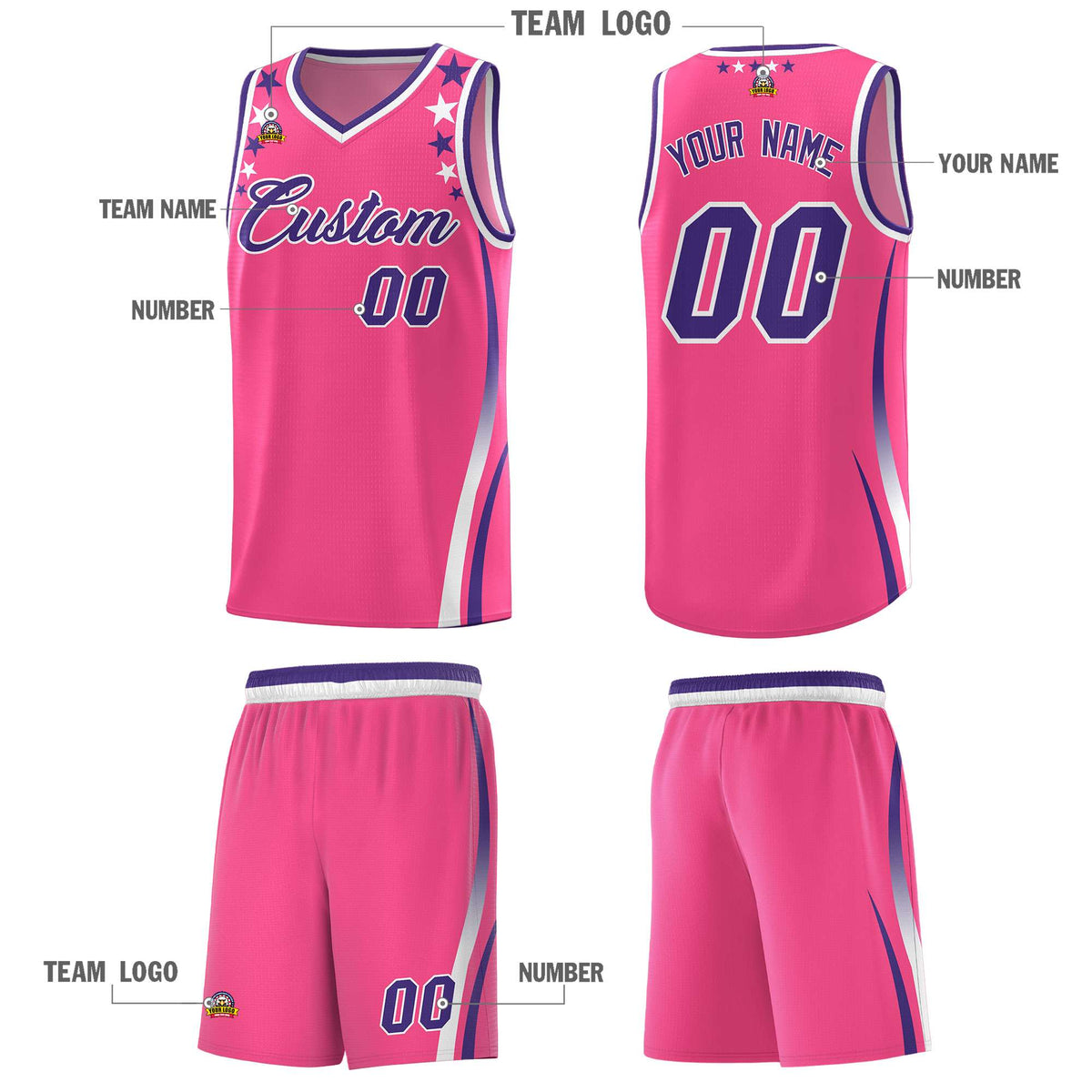 Custom Pink Shoulders Star Pattern Side Color Block Sports Uniform Basketball Kits