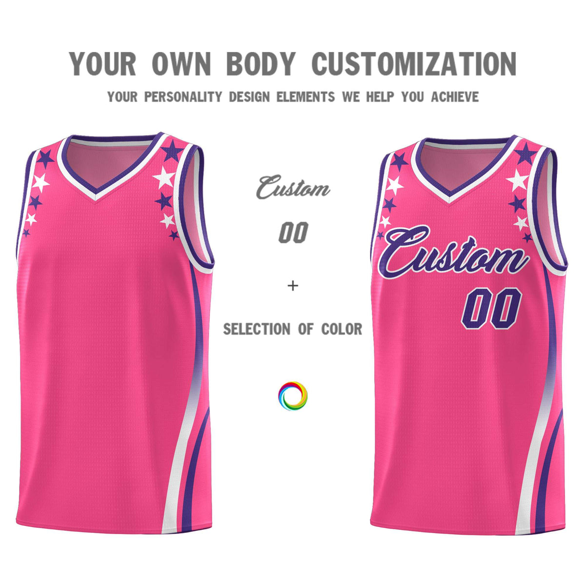 Custom Pink Shoulders Star Pattern Side Color Block Sports Uniform Basketball Kits