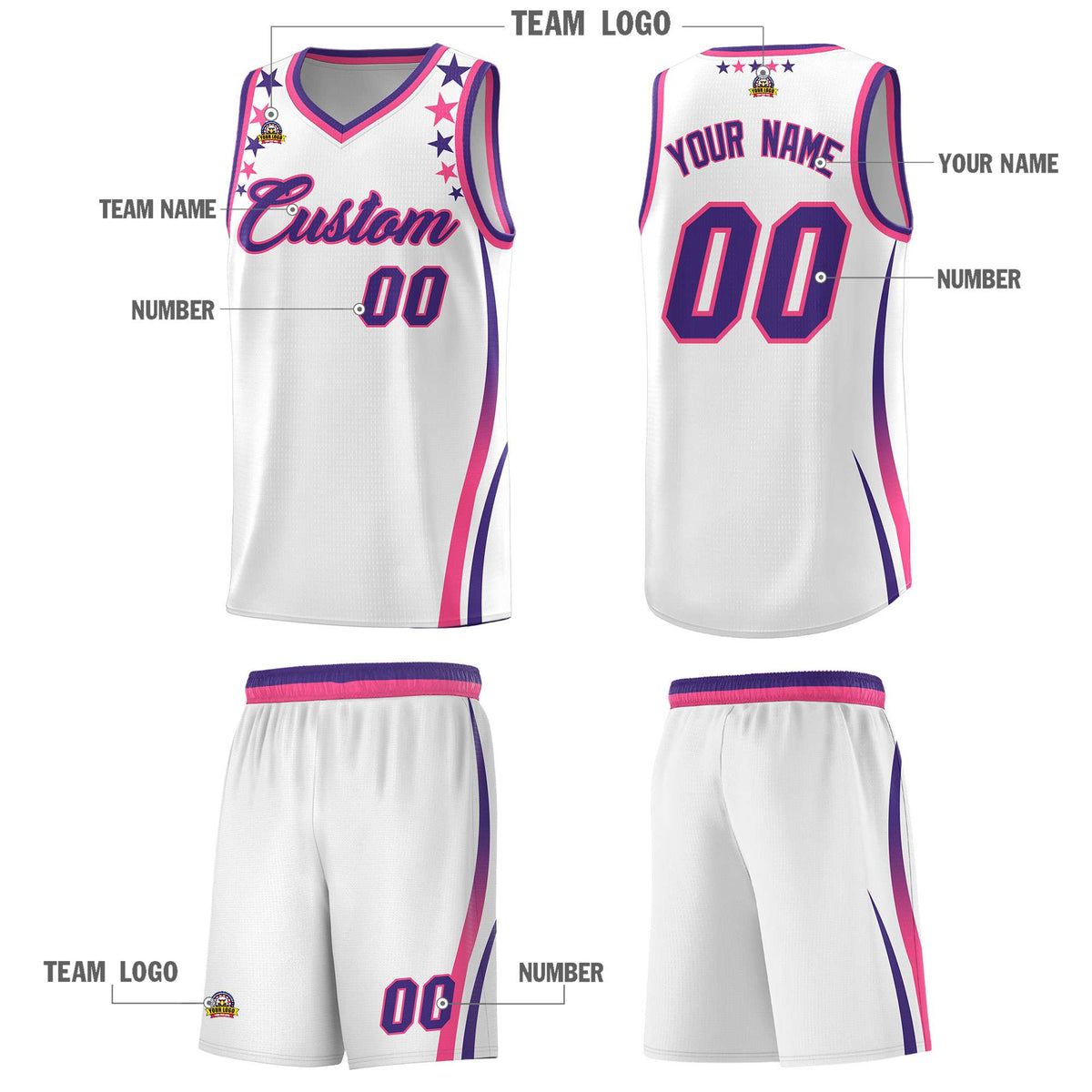 Custom White Shoulders Star Pattern Side Color Block Sports Uniform Basketball Kits