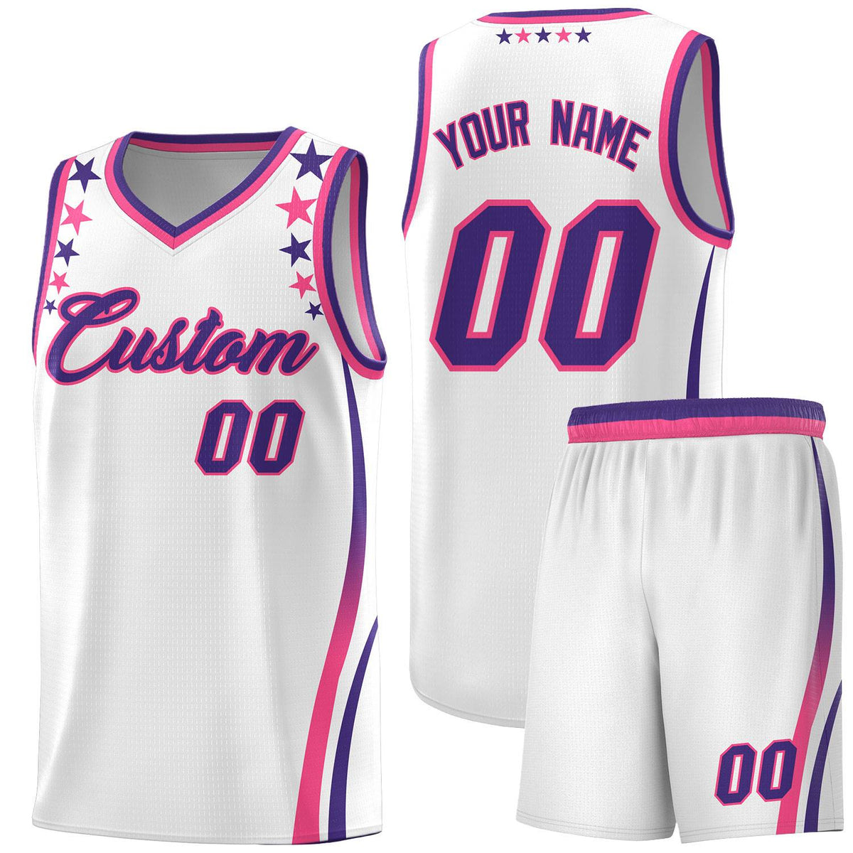 Custom White Shoulders Star Pattern Side Color Block Sports Uniform Basketball Kits