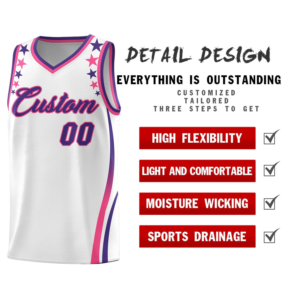 Custom White Shoulders Star Pattern Side Color Block Sports Uniform Basketball Kits