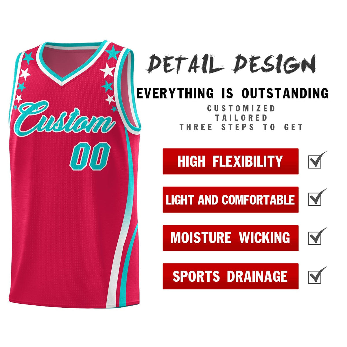 Custom Red Shoulders Star Pattern Side Color Block Sports Uniform Basketball Kits