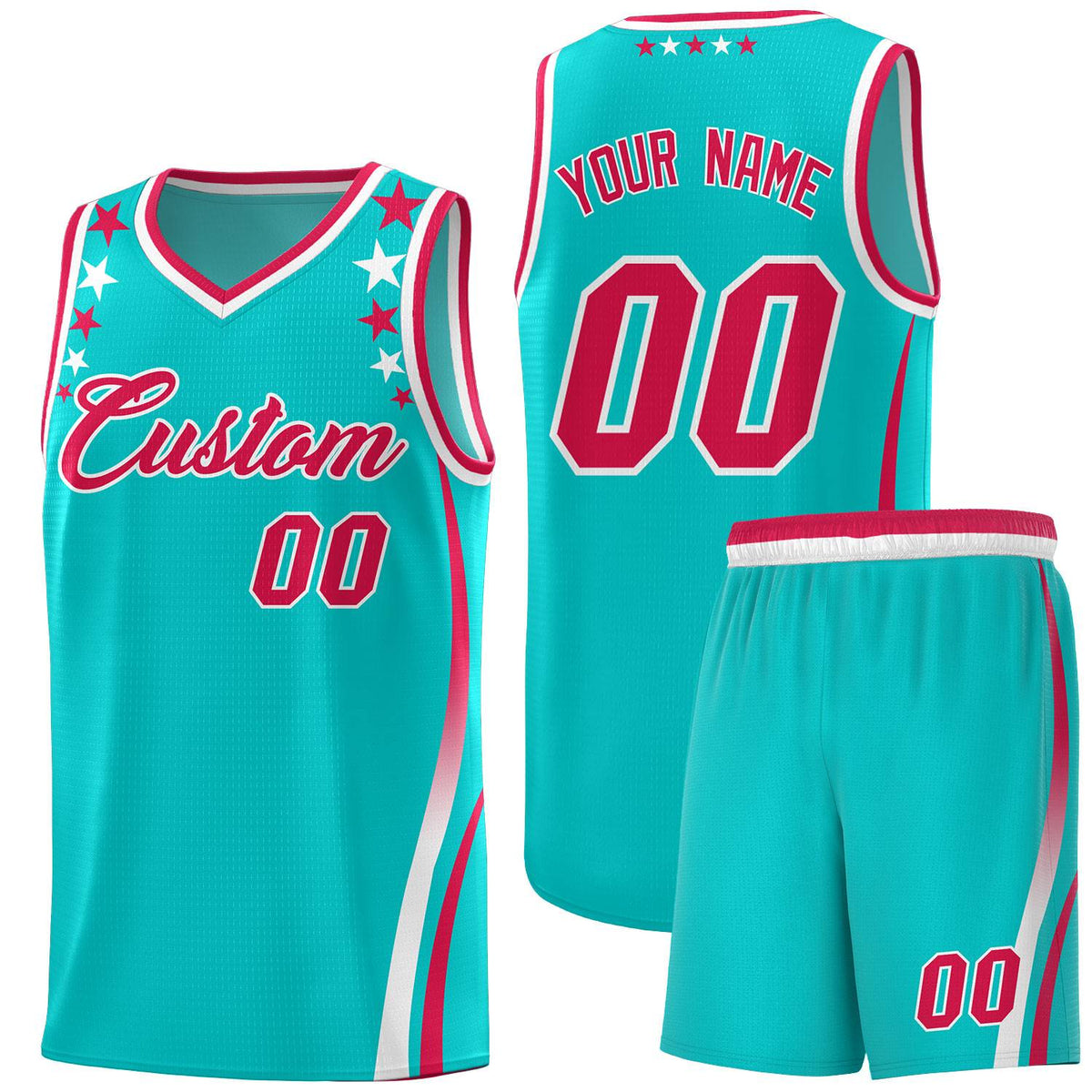 Custom Sky Blue Shoulders Star Pattern Side Color Block Sports Uniform Basketball Kits