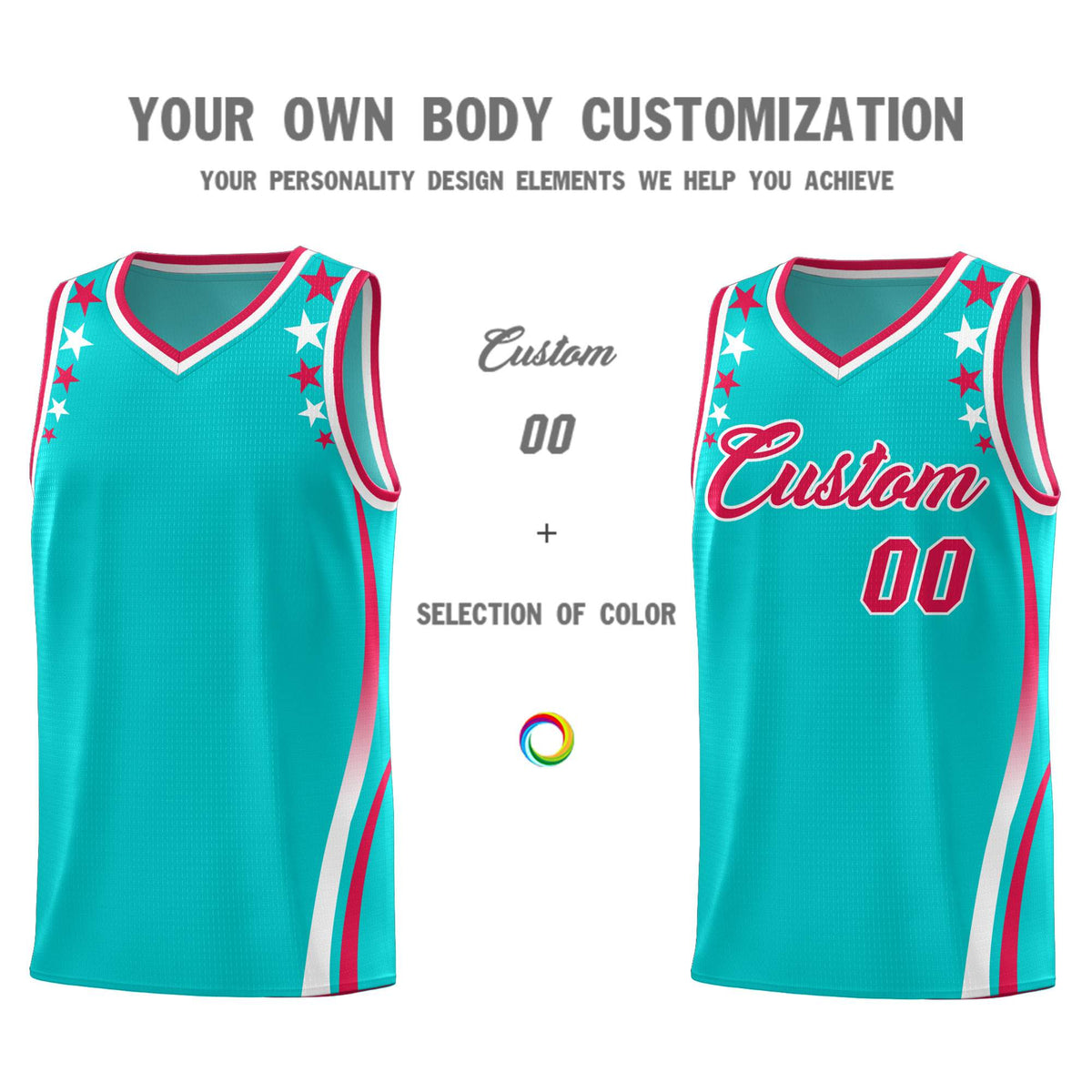 Custom Sky Blue Shoulders Star Pattern Side Color Block Sports Uniform Basketball Kits