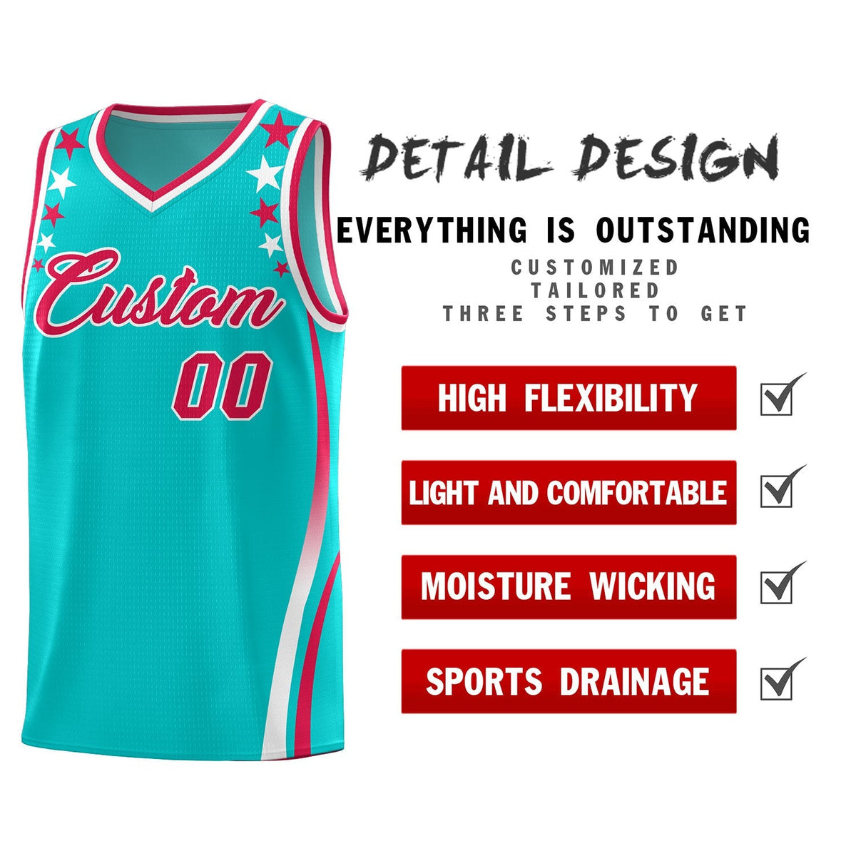 Custom Sky Blue Shoulders Star Pattern Side Color Block Sports Uniform Basketball Kits
