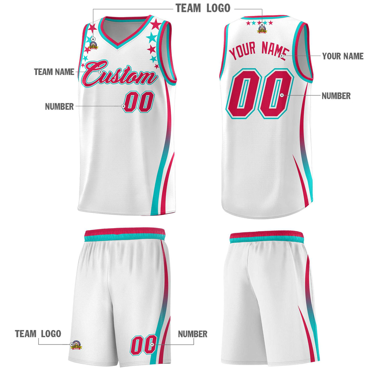 Custom White Shoulders Star Pattern Side Color Block Sports Uniform Basketball Kits
