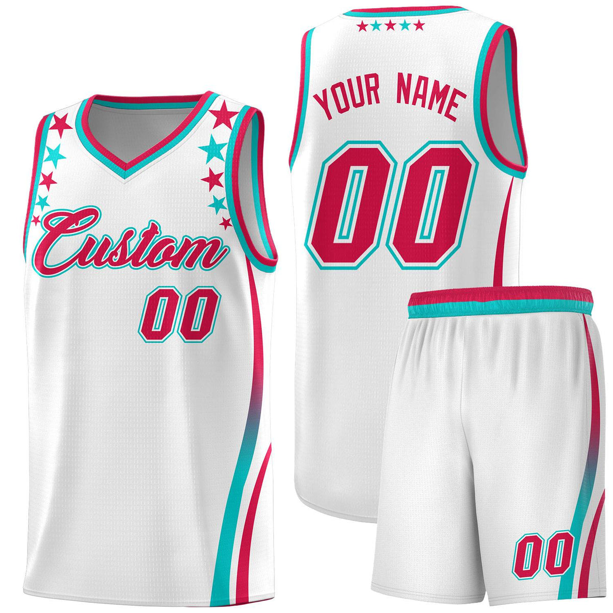 Custom White Shoulders Star Pattern Side Color Block Sports Uniform Basketball Kits