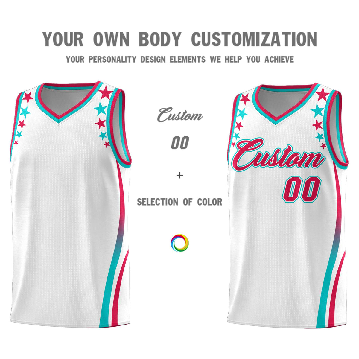 Custom White Shoulders Star Pattern Side Color Block Sports Uniform Basketball Kits