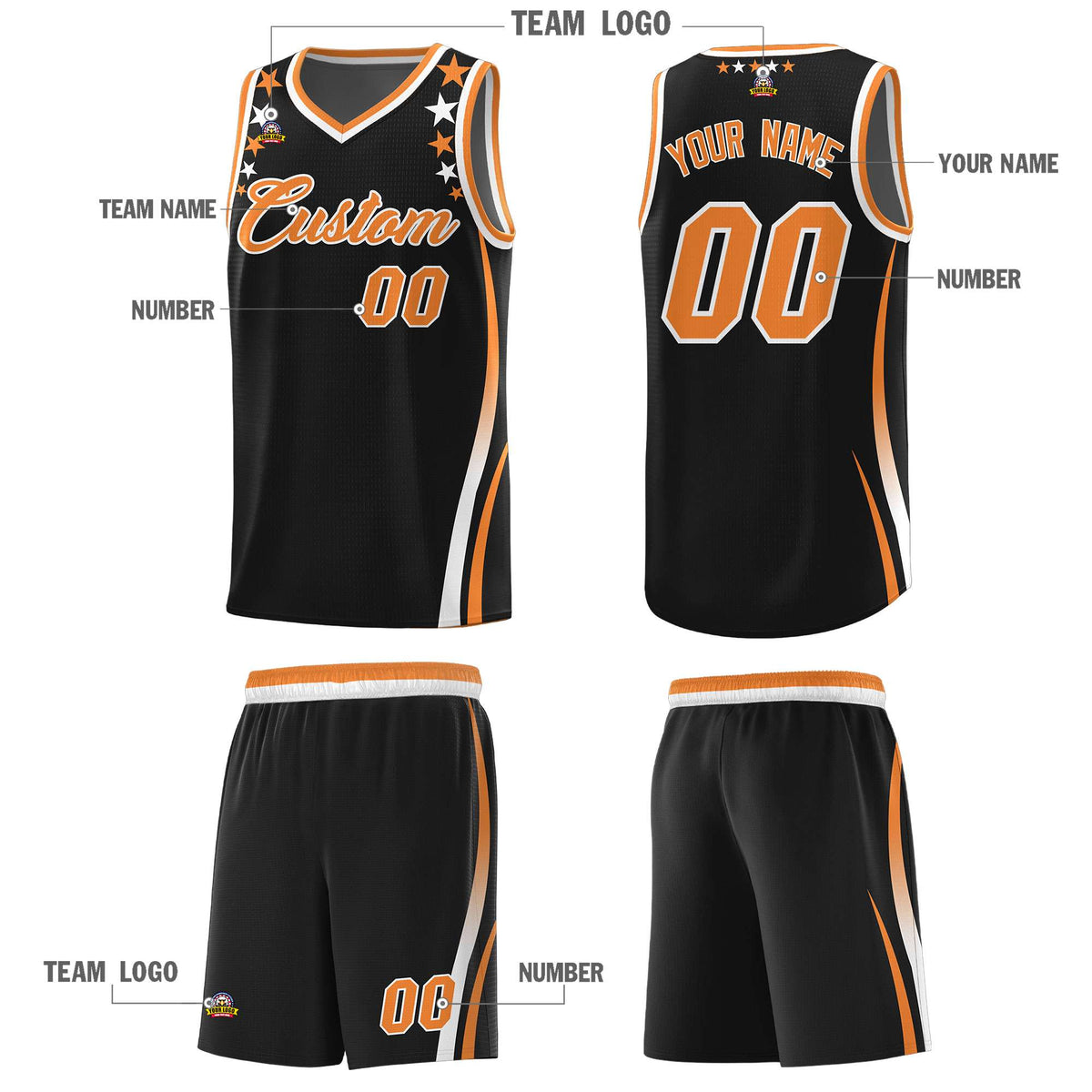 Custom Black Shoulders Star Pattern Side Color Block Sports Uniform Basketball Kits