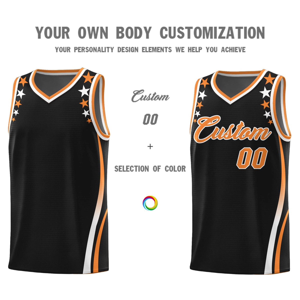 Custom Black Shoulders Star Pattern Side Color Block Sports Uniform Basketball Kits