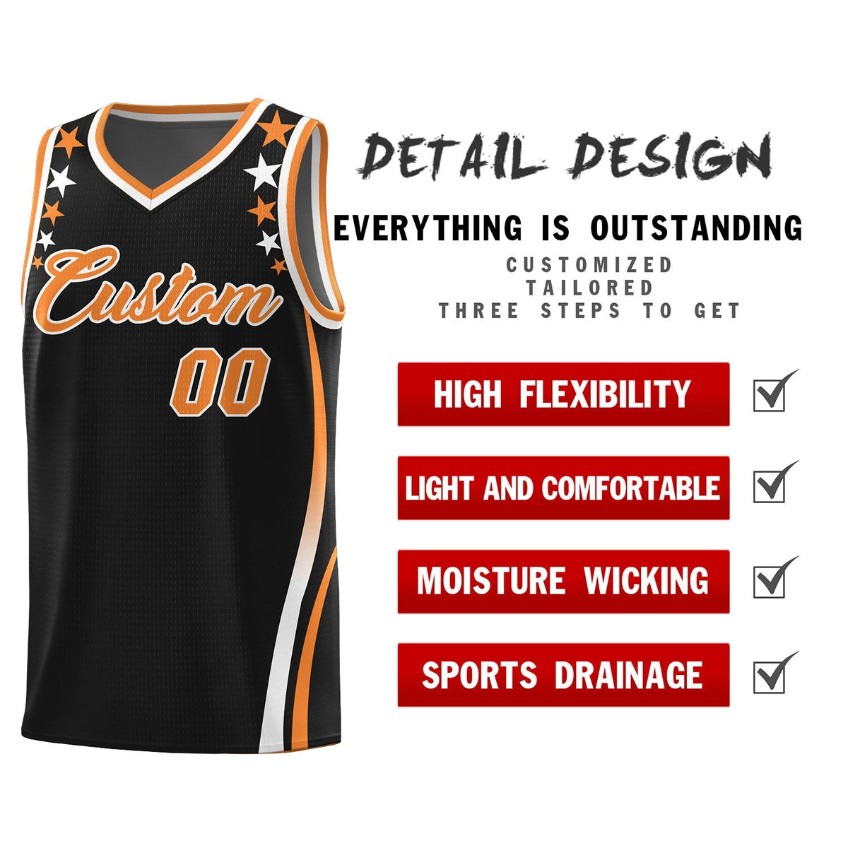Custom Black Shoulders Star Pattern Side Color Block Sports Uniform Basketball Kits