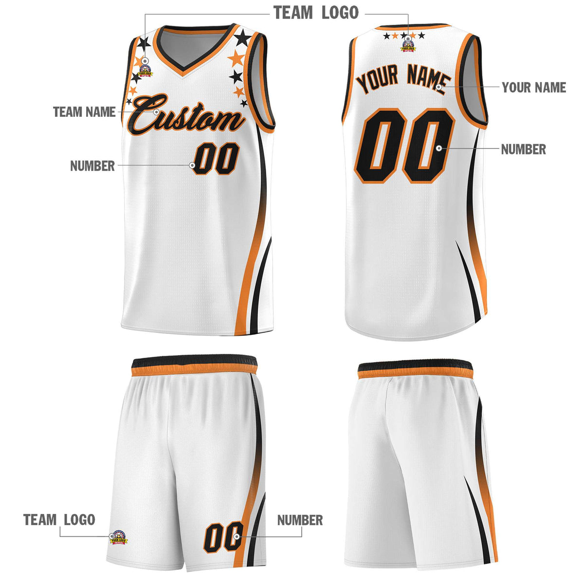 Custom White Shoulders Star Pattern Side Color Block Sports Uniform Basketball Kits