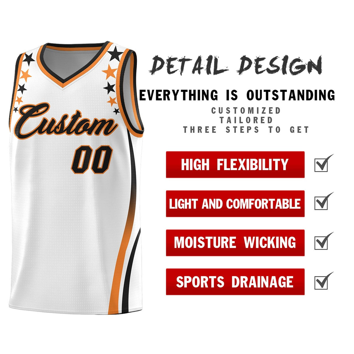 Custom White Shoulders Star Pattern Side Color Block Sports Uniform Basketball Kits