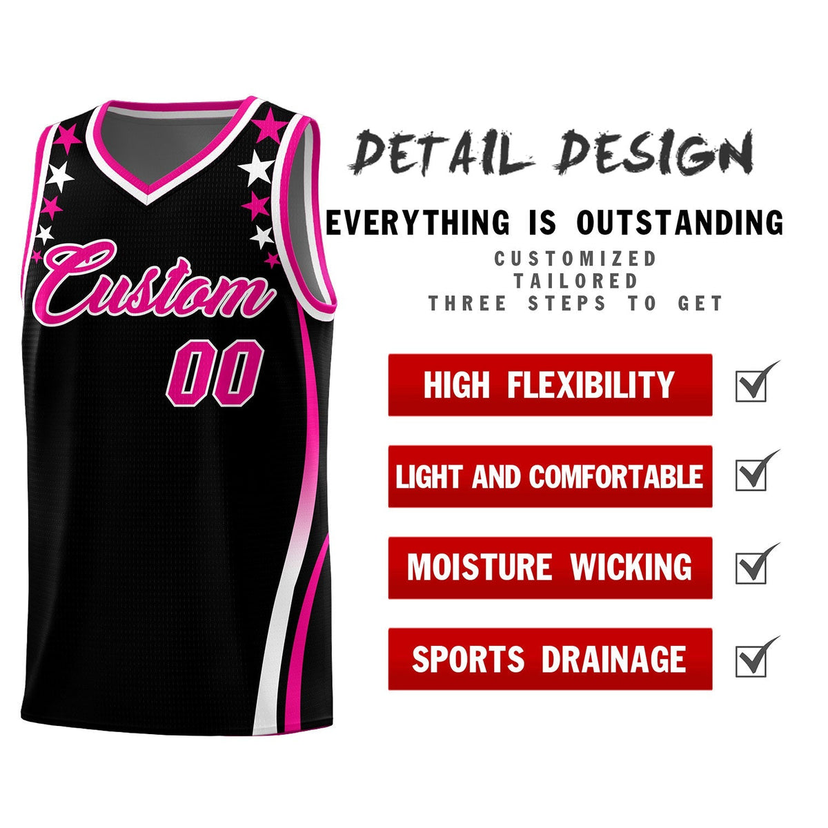 Custom Black Shoulders Star Pattern Side Color Block Sports Uniform Basketball Kits