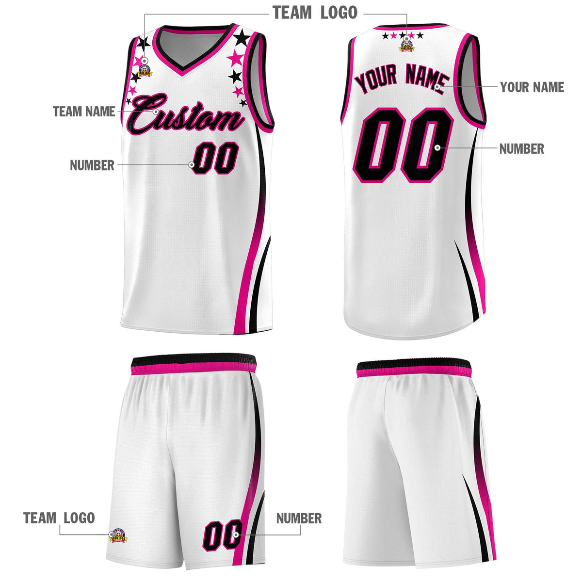 Custom White Shoulders Star Pattern Side Color Block Sports Uniform Basketball Kits