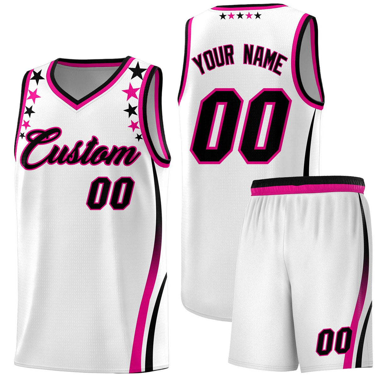 Custom White Shoulders Star Pattern Side Color Block Sports Uniform Basketball Kits