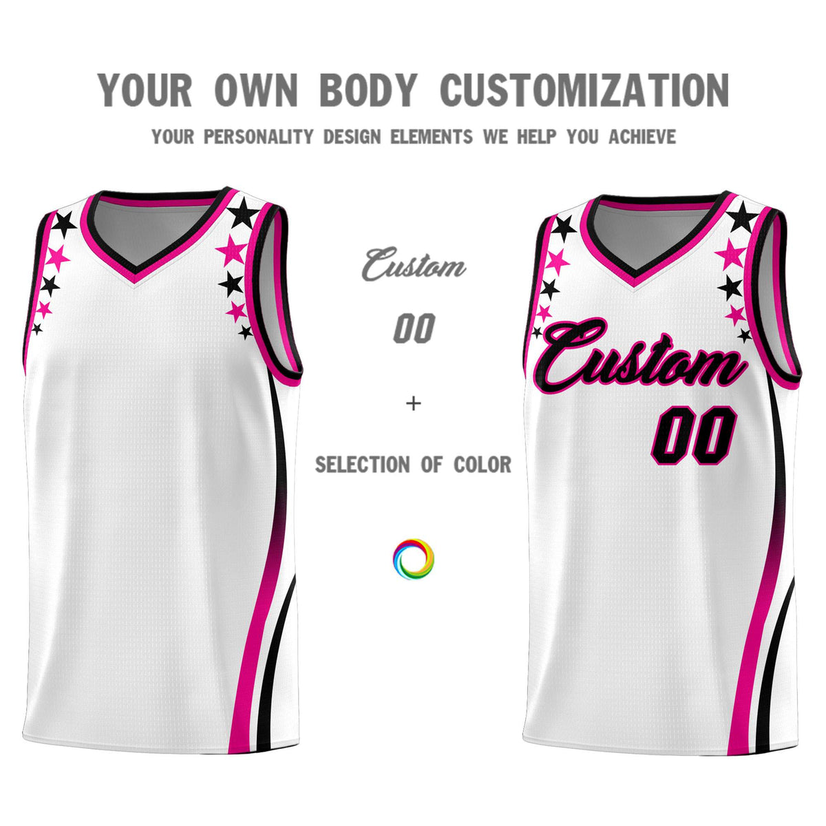 Custom White Shoulders Star Pattern Side Color Block Sports Uniform Basketball Kits