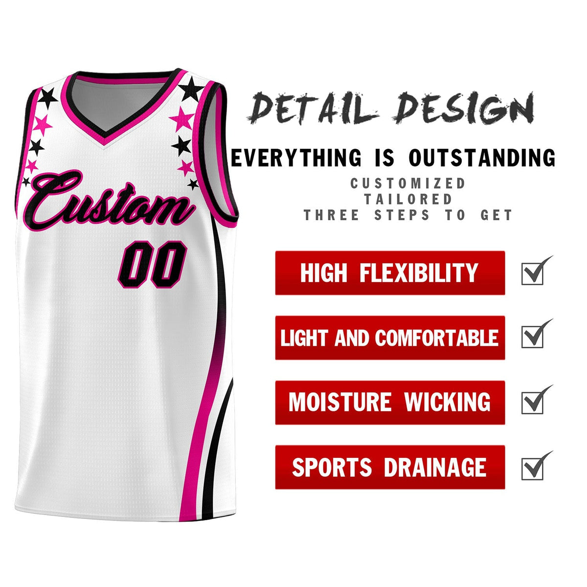 Custom White Shoulders Star Pattern Side Color Block Sports Uniform Basketball Kits