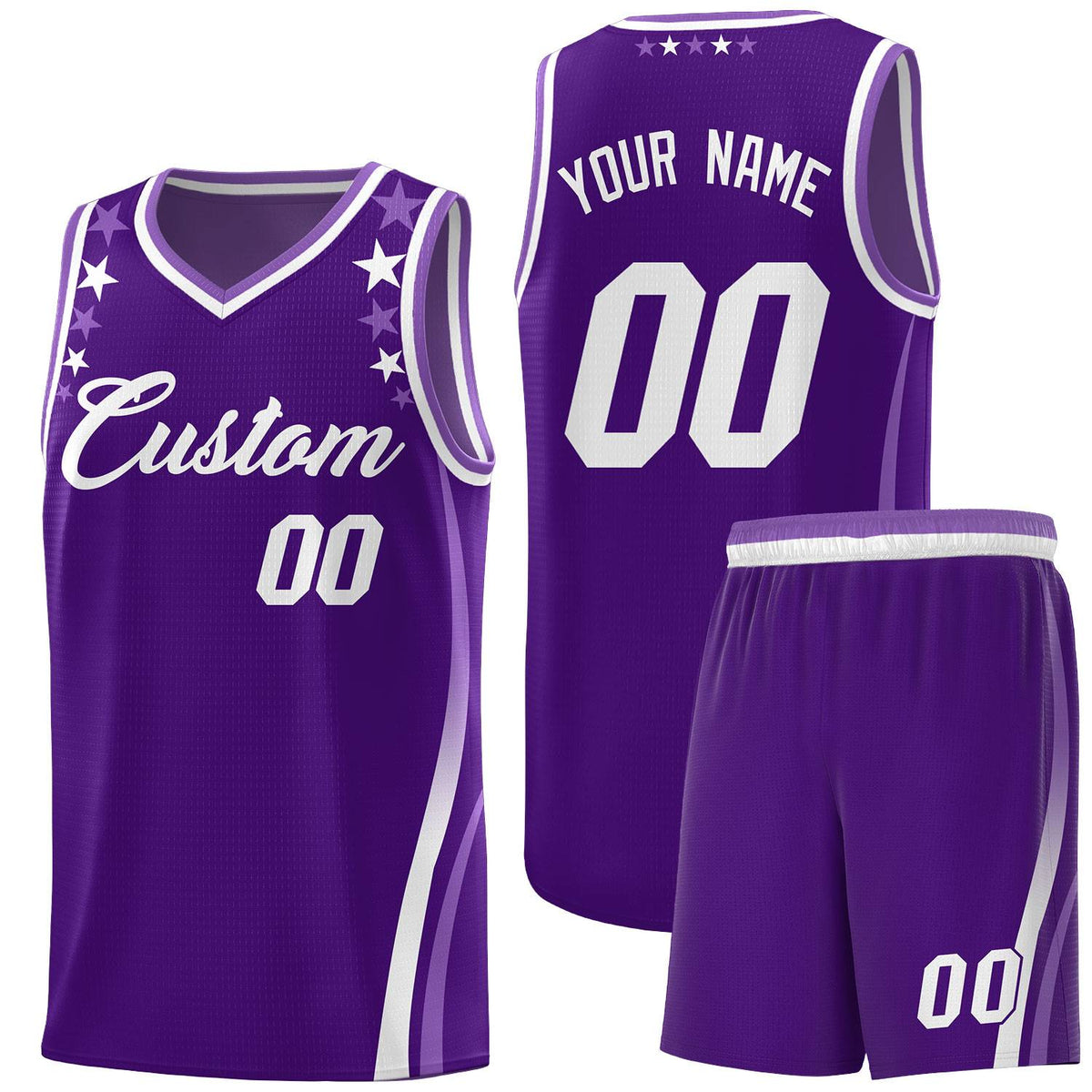 Custom Purple Shoulders Star Pattern Side Color Block Sports Uniform Basketball Kits