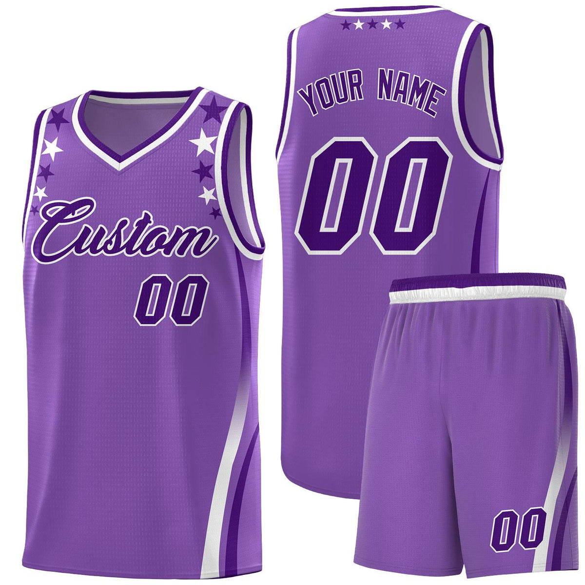Custom Light Purple Shoulders Star Pattern Side Color Block Sports Uniform Basketball Kits