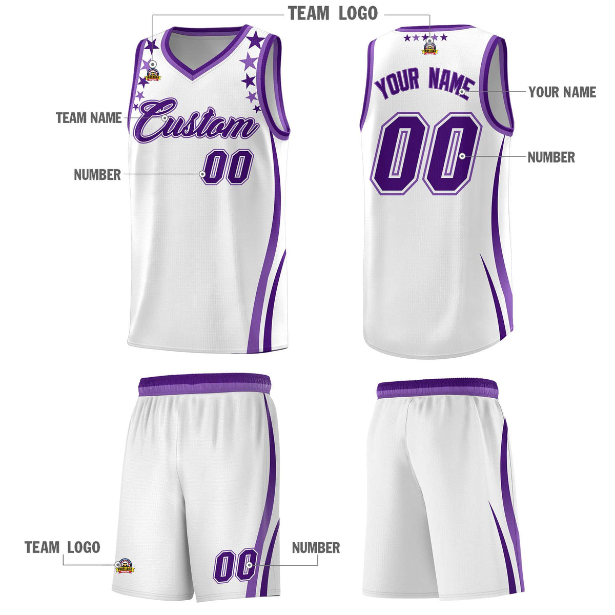 Custom White Shoulders Star Pattern Side Color Block Sports Uniform Basketball Kits