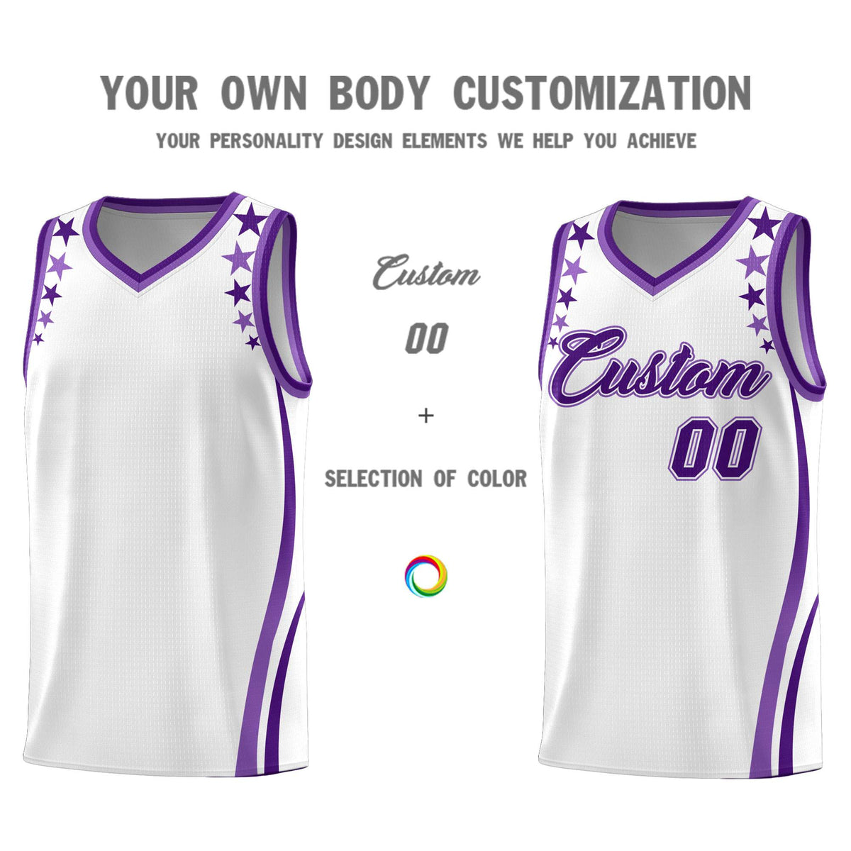 Custom White Shoulders Star Pattern Side Color Block Sports Uniform Basketball Kits