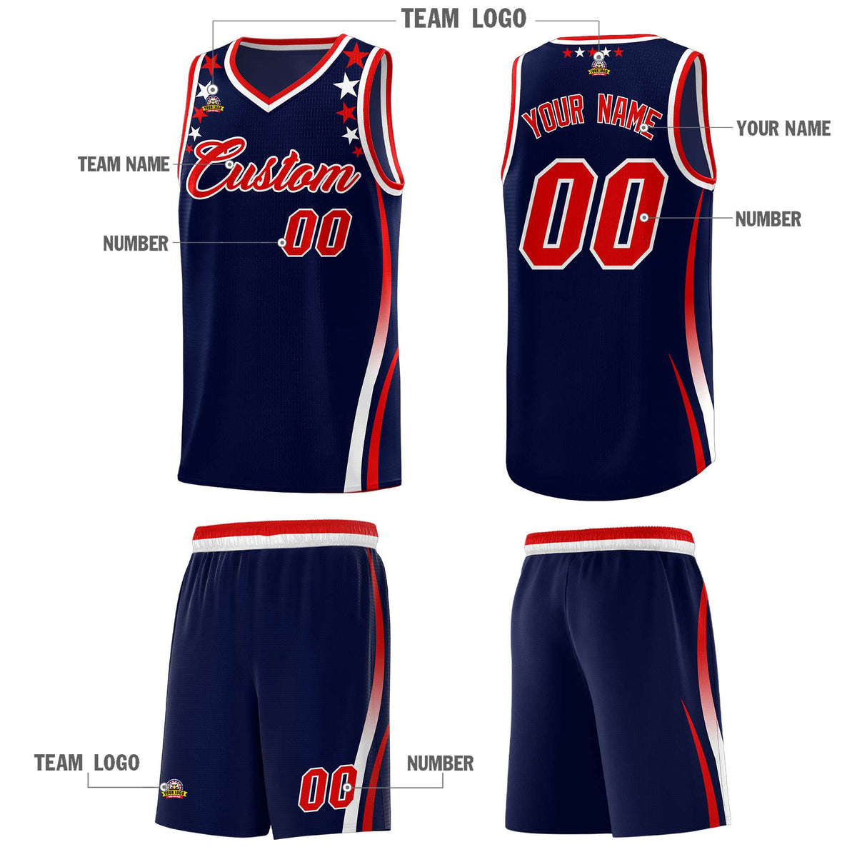 Custom Navy Shoulders Star Pattern Side Color Block Sports Uniform Basketball Kits