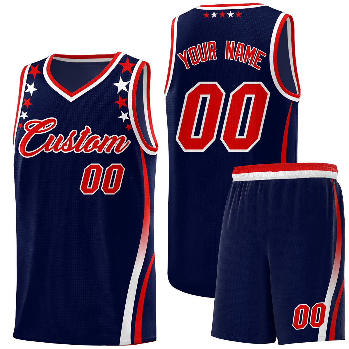 Custom Navy Shoulders Star Pattern Side Color Block Sports Uniform Basketball Kits