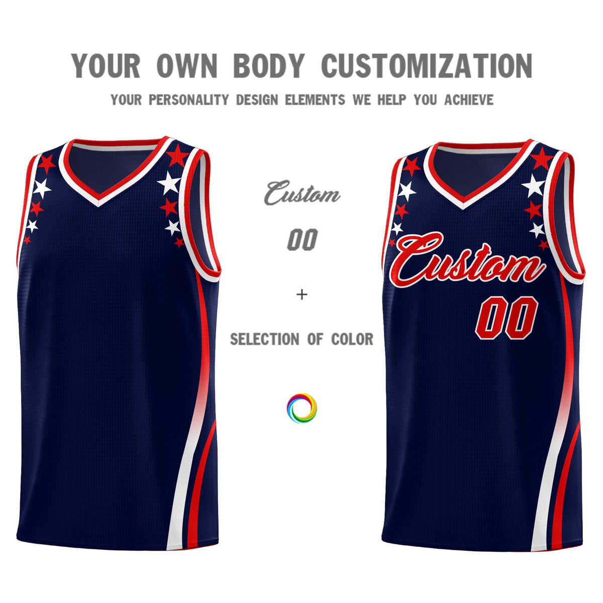 Custom Navy Shoulders Star Pattern Side Color Block Sports Uniform Basketball Kits