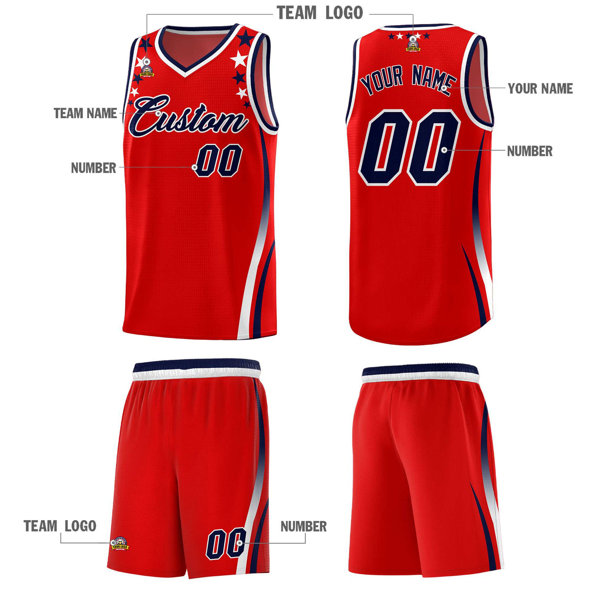 Custom Red Shoulders Star Pattern Side Color Block Sports Uniform Basketball Kits
