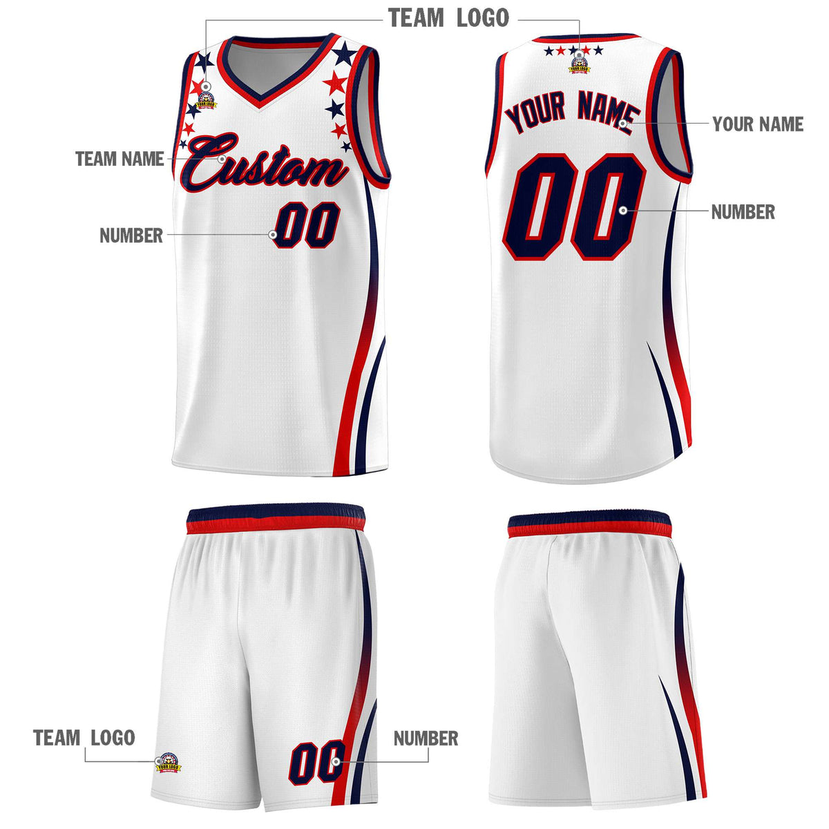 Custom White Shoulders Star Pattern Side Color Block Sports Uniform Basketball Kits