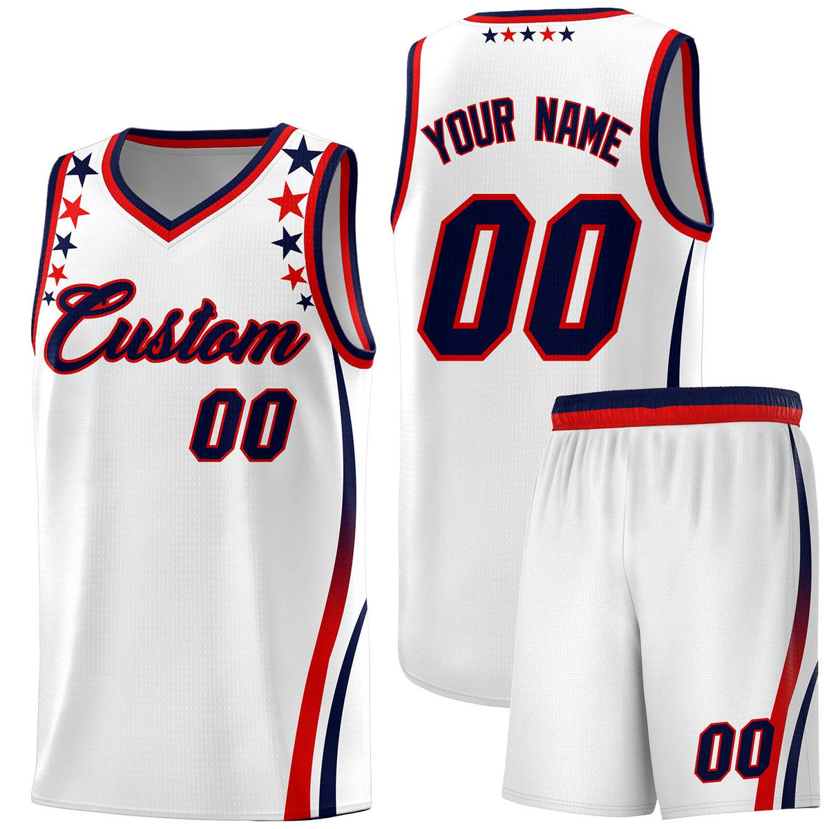 Custom White Shoulders Star Pattern Side Color Block Sports Uniform Basketball Kits