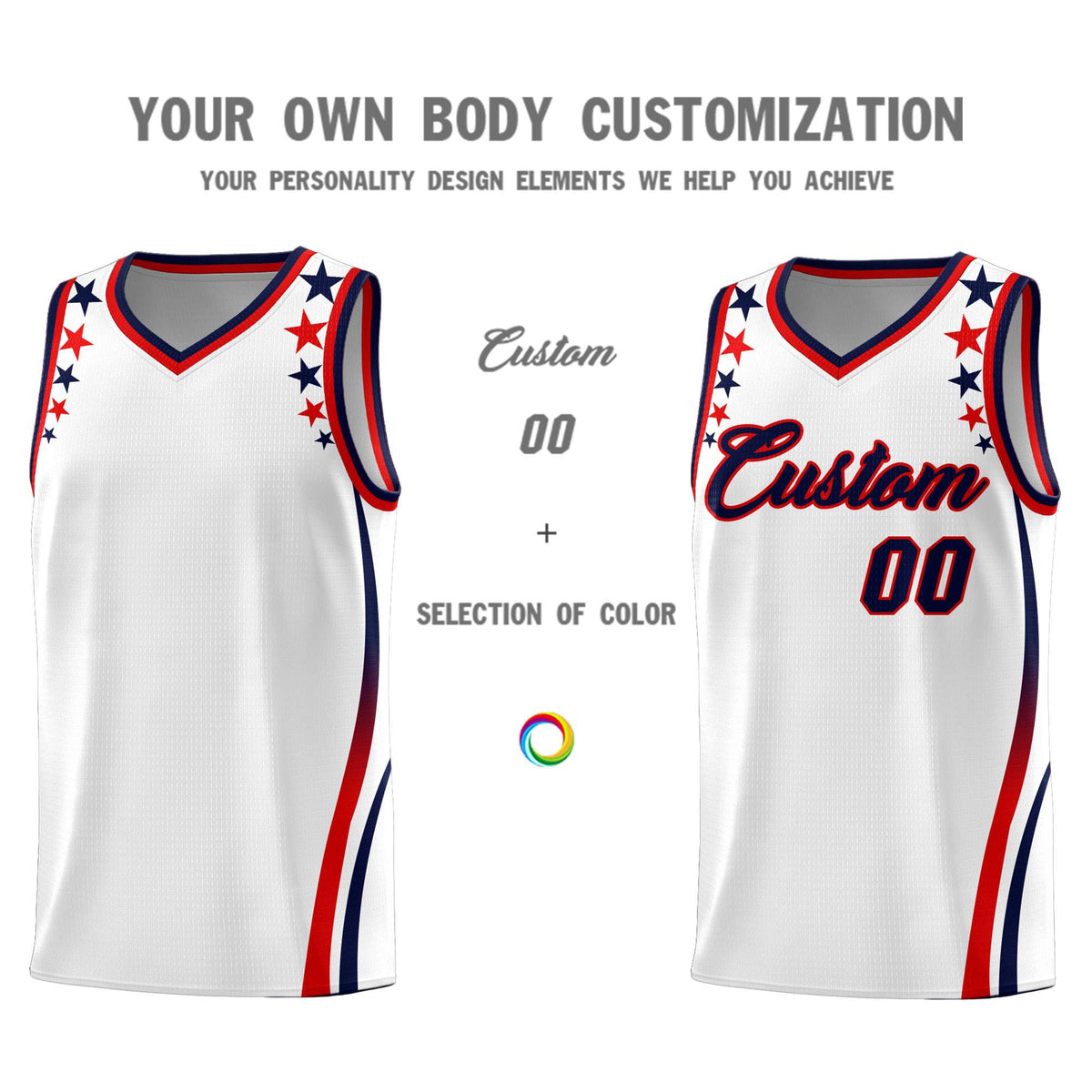 Custom White Shoulders Star Pattern Side Color Block Sports Uniform Basketball Kits