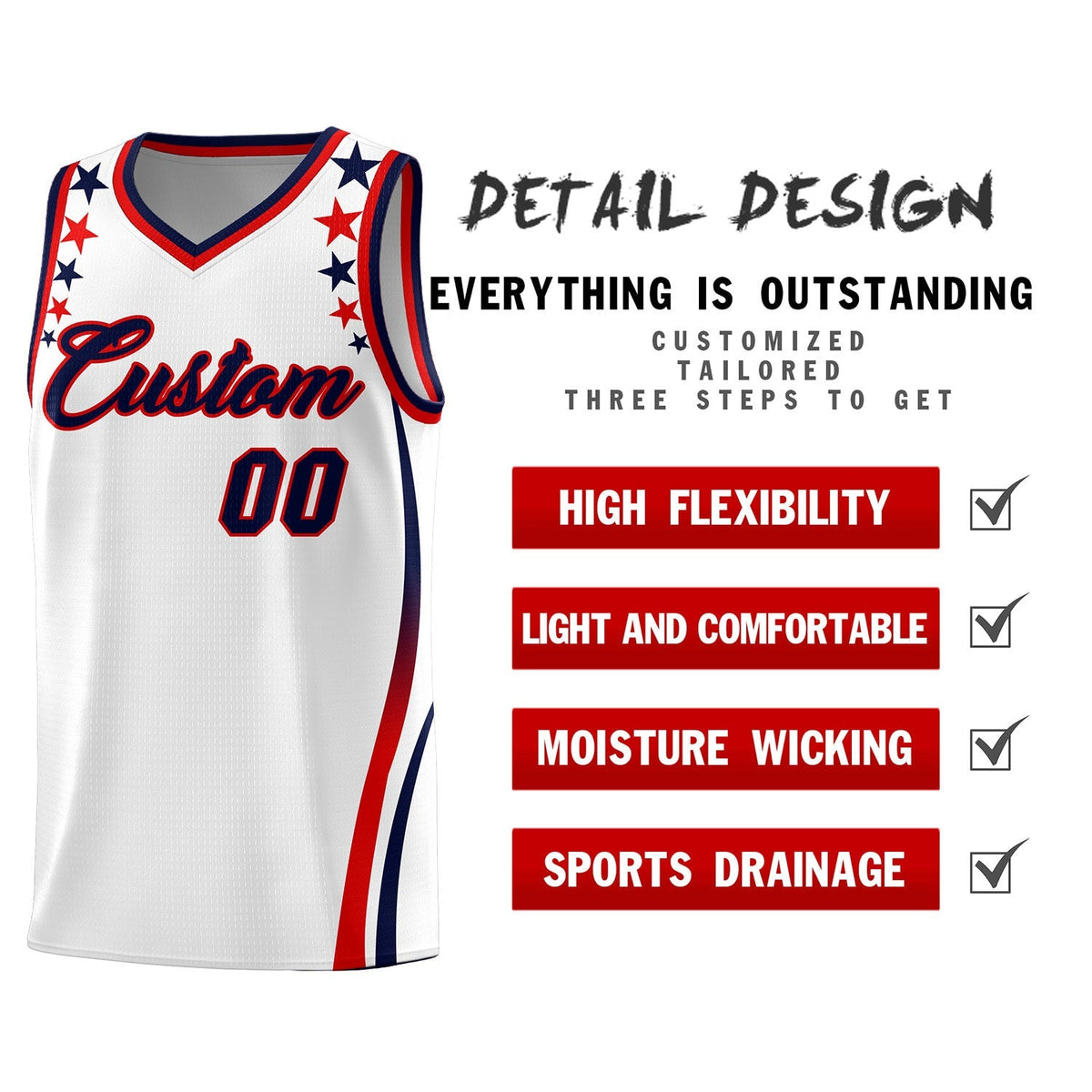 Custom White Shoulders Star Pattern Side Color Block Sports Uniform Basketball Kits