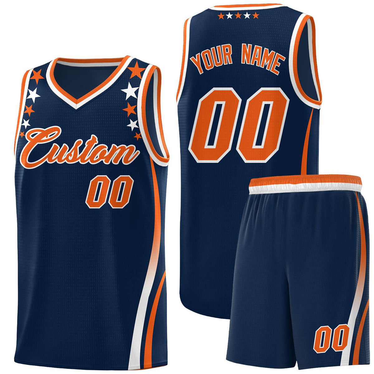 Custom Navy Shoulders Star Pattern Side Color Block Sports Uniform Basketball Kits