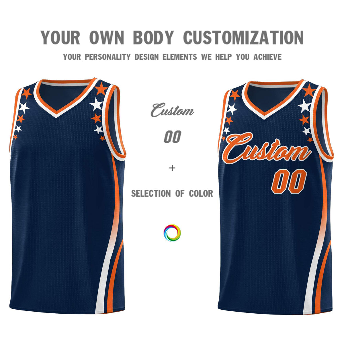 Custom Navy Shoulders Star Pattern Side Color Block Sports Uniform Basketball Kits