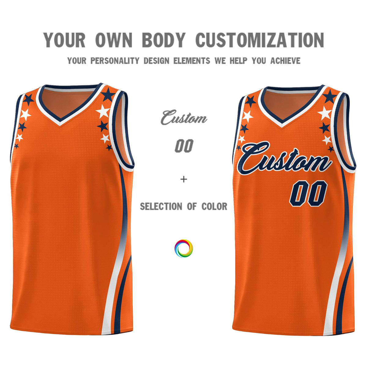 Custom Orange Shoulders Star Pattern Side Color Block Sports Uniform Basketball Kits