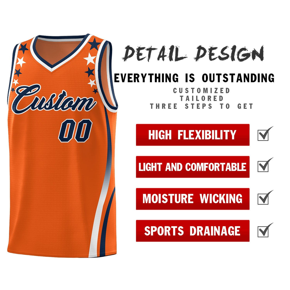 Custom Orange Shoulders Star Pattern Side Color Block Sports Uniform Basketball Kits