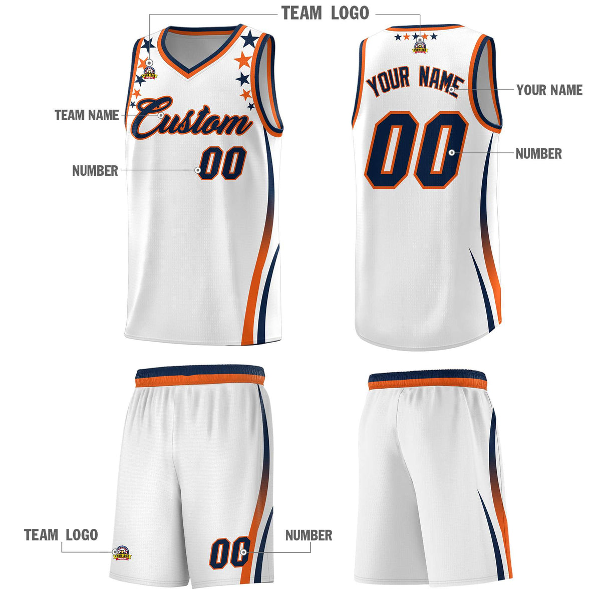 Custom White Shoulders Star Pattern Side Color Block Sports Uniform Basketball Kits