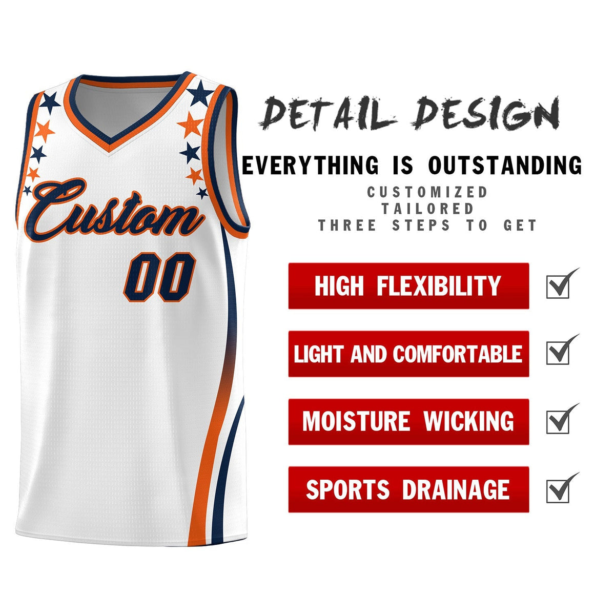 Custom White Shoulders Star Pattern Side Color Block Sports Uniform Basketball Kits