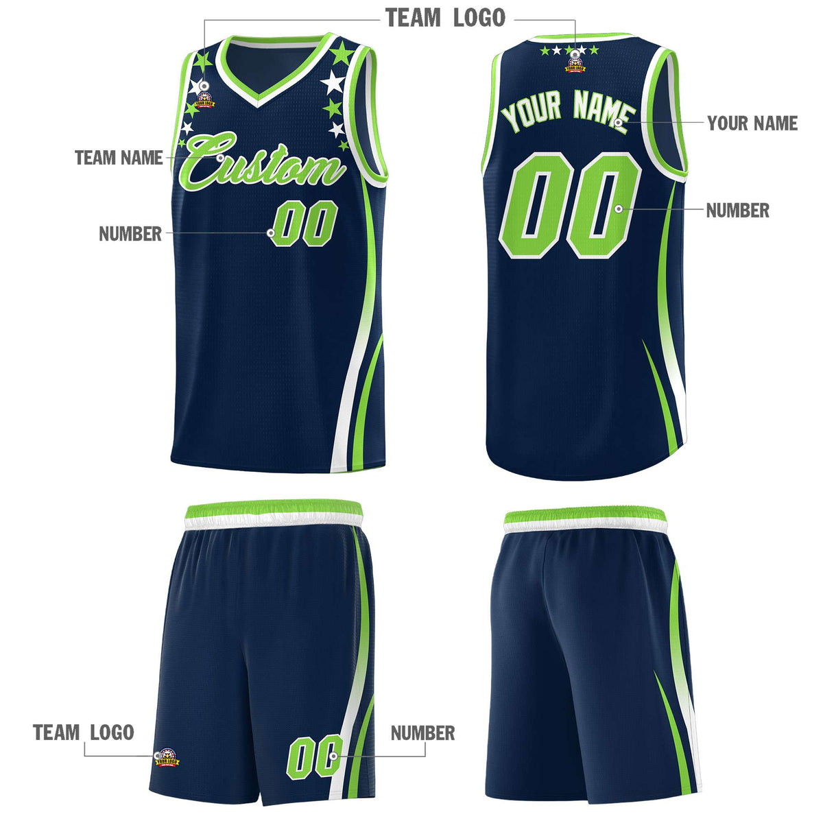 Custom Navy Shoulders Star Pattern Side Color Block Sports Uniform Basketball Kits