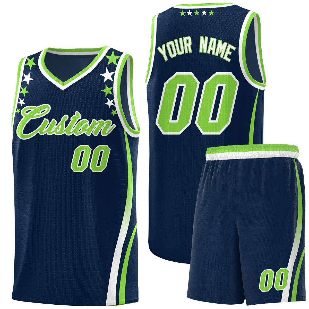 Custom Navy Shoulders Star Pattern Side Color Block Sports Uniform Basketball Kits