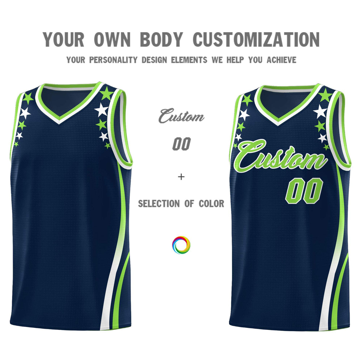 Custom Navy Shoulders Star Pattern Side Color Block Sports Uniform Basketball Kits