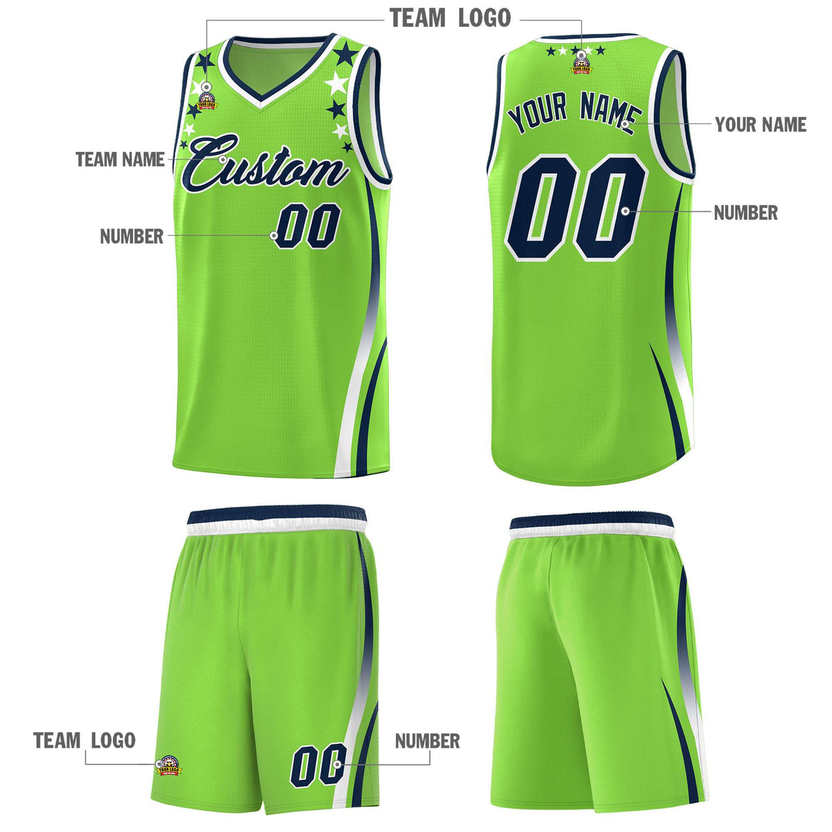 Custom Neon Green Shoulders Star Pattern Side Color Block Sports Uniform Basketball Kits