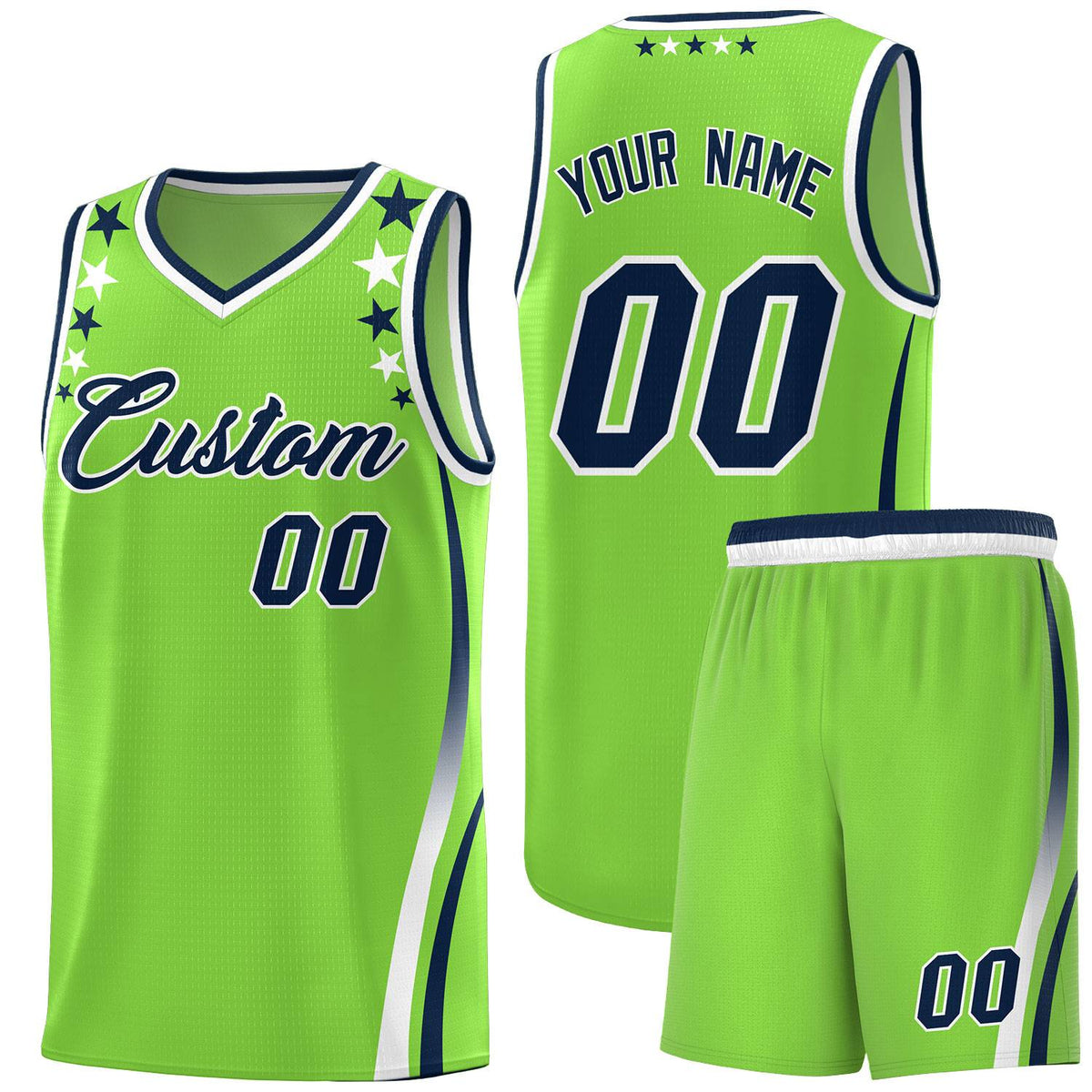 Custom Neon Green Shoulders Star Pattern Side Color Block Sports Uniform Basketball Kits